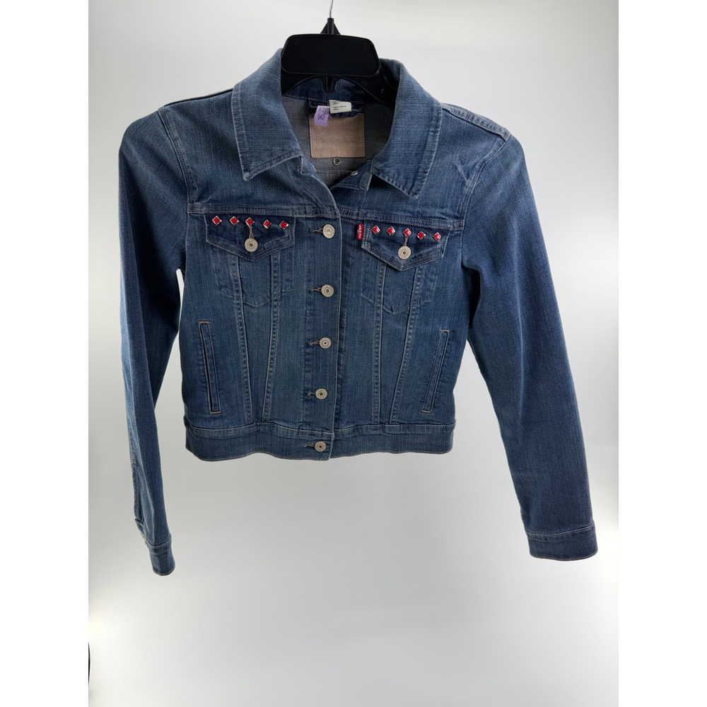 Levis Womens Medium Wash Studded Denim Trucker Jacket Red Accents Size M